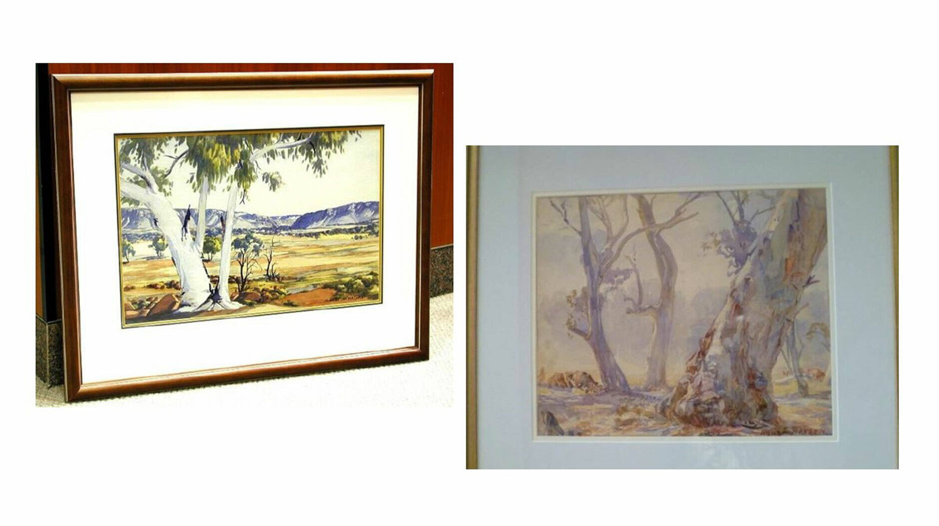 Image Photo  Albert Namatjira  McDonnell Ranges at Heavitree Gap (left) and Hans Heysen  Summer Light (right).